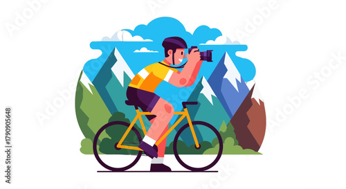 Cyclist Capturing Mountain Views: A Vibrant Illustration of Sporty Photography
