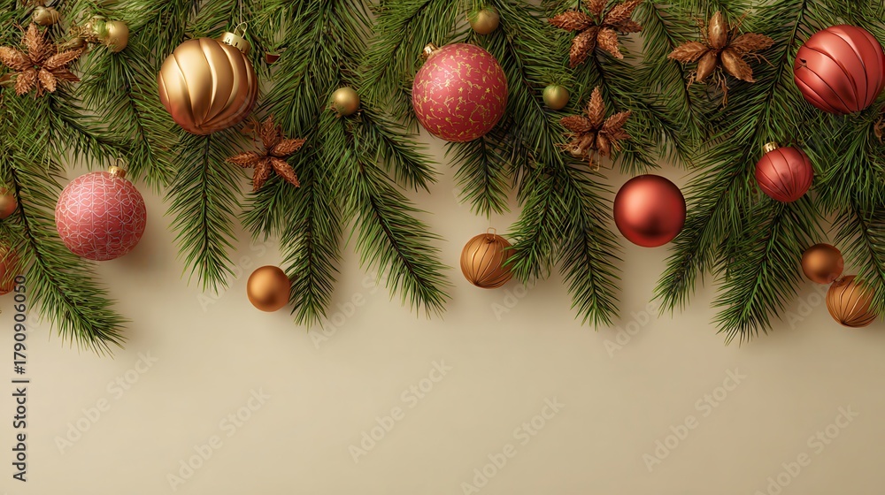 Fototapeta premium christmas border with fir branches and festive ornaments