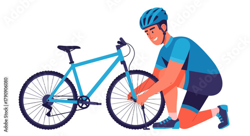 Cyclist Maintaining His Bicycle, Ready to Pedal into a New Day of Adventure