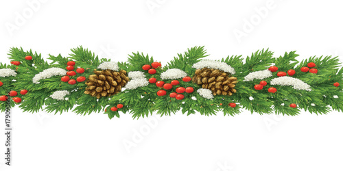 Horizontal Christmas garland with snowy fir branches, pine cones, and holly berries. Festive design for winter banners, cards, invitations, and seasonal posters. Transparent background in vector file.