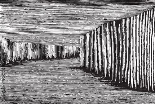 Black and White Perspective Corridor Hand-Drawn Line Texture