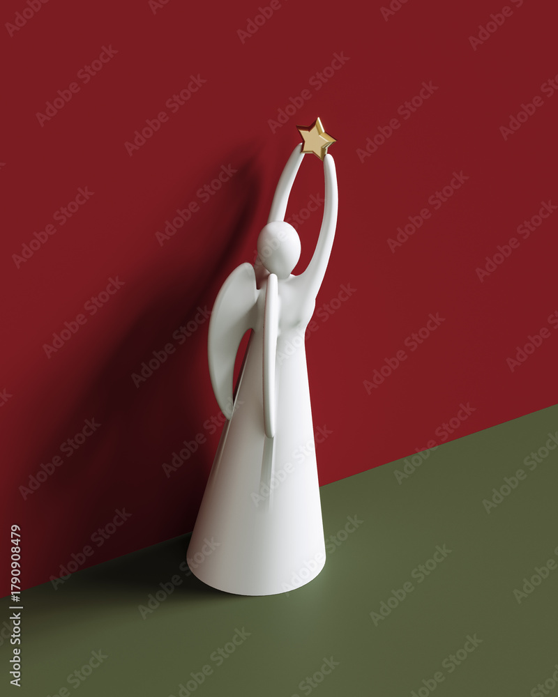 Fototapeta premium White angel figurine holding a golden star. Elegant Christmas decoration concept symbolizing peace, hope, and festive spirit. 3D Rendering, 3D Illustration
