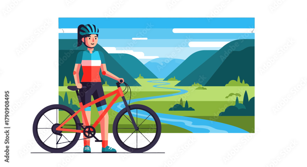 Fototapeta premium Cyclist Pauses Beside Mountain Bikes Admiring Scenic Mountainous Landscapes Outdoors