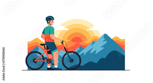 Cyclist Pauses at Sunset Vista Admiring Mountainscape Before Cycling onward Adventures