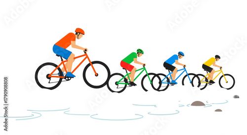 Cyclists Riding Bicycles Across a Stream With Contemporary And Minimalist Design