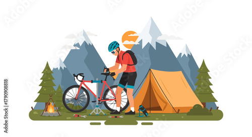 Cyclist Prepares Bicycle for an Evening Camp by Mountains and Alongside a Tent