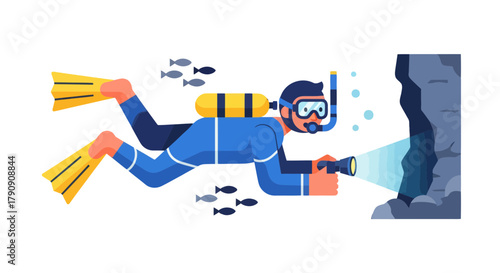 Daring Underwater Diver Exploring Mysterious Cave With Flashlight in Deep Dark Ocean