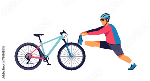 Cyclist Prepares For Ride Stretching Beside His Mountain Bicycle With A Dark Background