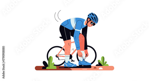 Cyclist Prepares For a Ride, Adjusting Shoe Laces in Bicycle Illustration on Black Background