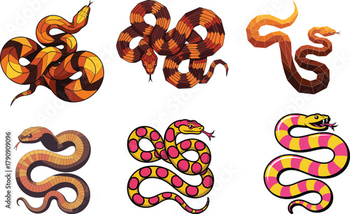 Colorful Coiled Snake Vector Set: Striped, Diamond, and Patterned Reptile Illustration Collection