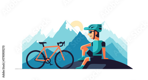 Cyclist Relaxing After Ride Showing Views Of Mountainous Landscape In Evening Time