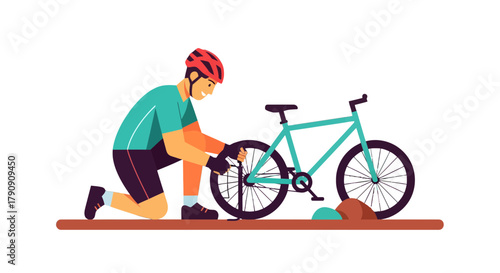 Cyclist Repairing Bike Wheel After A Ride, Minimalist Illustration, Flat Design Concept