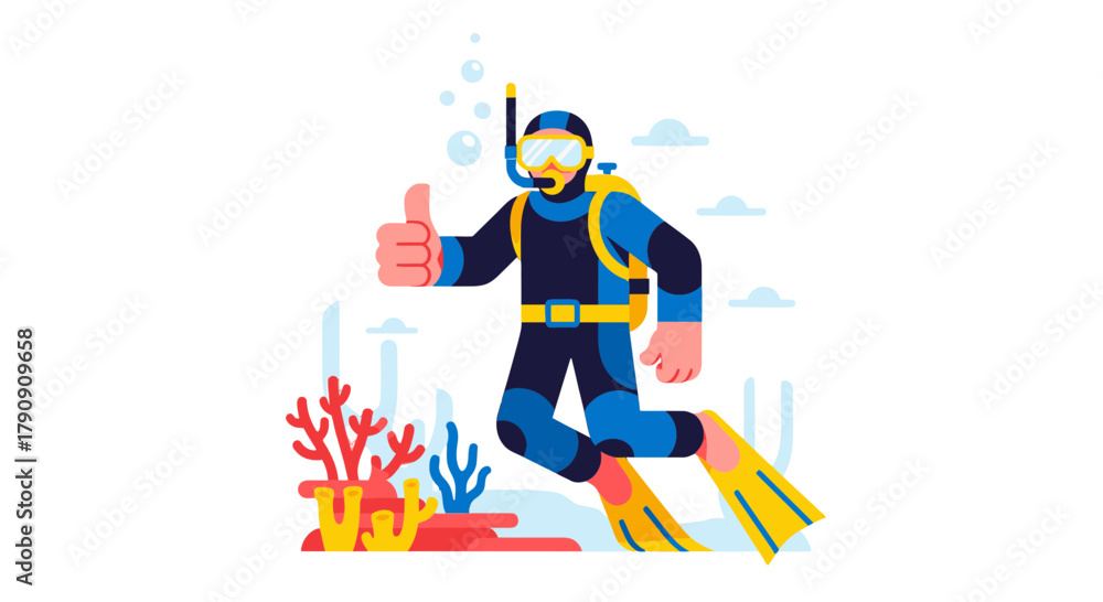 Fototapeta premium Diver Approving Undersea Exploration With Thumbs Up Gestures Underwater World Illustration