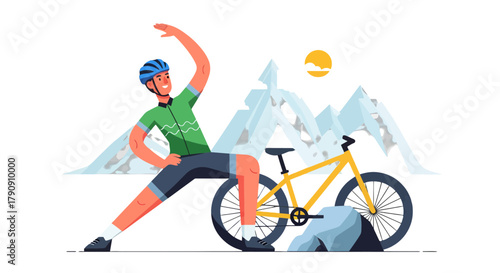Cyclist Stretching Near Mountain Peaks And Sun Cycling With A Bicycle In Nature