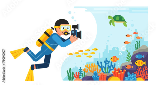 Diver Capturing Underwater Life Amidst Marine Creatures and Vibrant Reefs