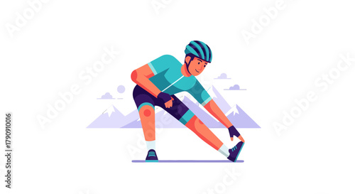 Cyclist Stretching Before A Cycling Adventure With Mountain Background And Vibrant Color