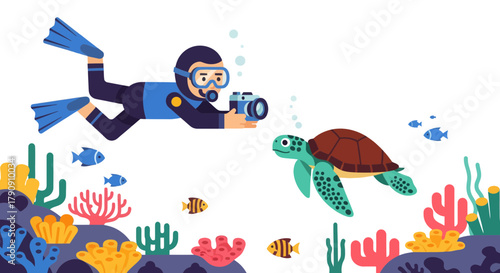 Diver Capturing Underwater Moments With Sea Turtle Amongst Colorful Reefs
