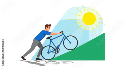 Cyclist Struggles Up Hill: Overcoming Challenge in Bright Sunlight with a Bicycle