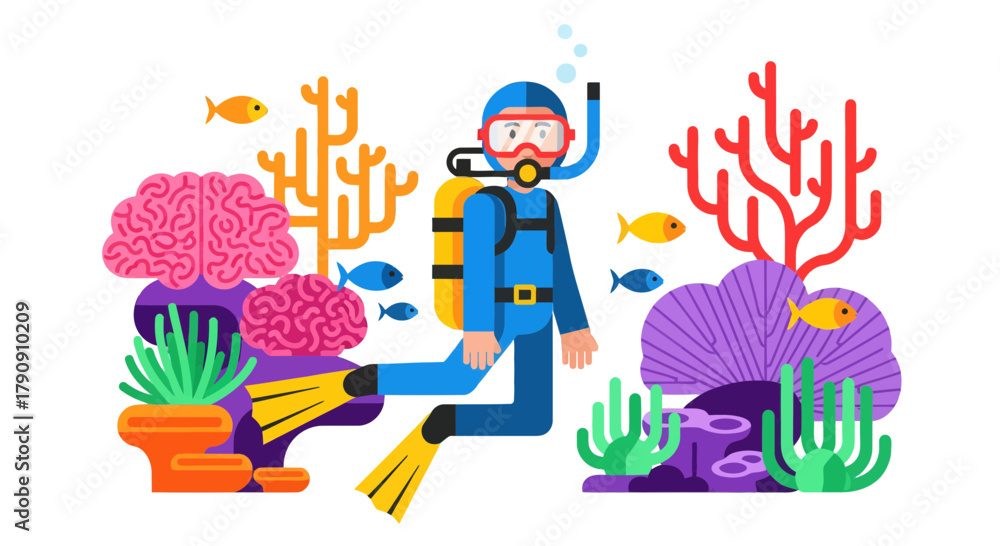Fototapeta premium Diver Explores Marine Life and Vibrant Coral Reefs Undersea Against Dark Background