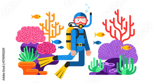 Diver Explores Marine Life and Vibrant Coral Reefs Undersea Against Dark Background