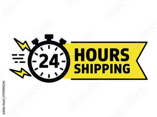 A stopwatch showing 24 hours with lightning bolts and the text "HOURS SHIPPING" on a yellow banner, symbolizing fast delivery services.
