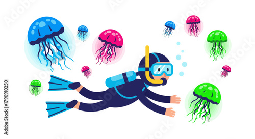 Diver Explores Marine Life Surrounded By A Swarm Of Colorful Jellyfish