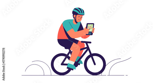 Cyclist Using Digital Route Finder While Riding Bicycle On Outdoor Terrain