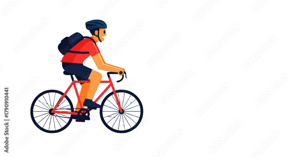 Obraz premium Cyclist With Backpack Rides Bicycle Against Black Backdrop, Vector Illustration