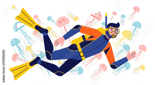 Diver Explores Marine World Amongst Floating Jellyfish Against a Dramatic Black Backdrop