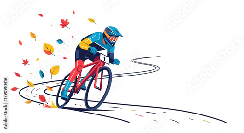 Cyclist With Autumnal Leaves Racing On A Winding Road At High Speed