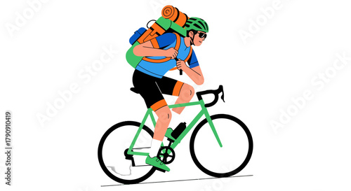 Cyclist With Backpack Energetically Pedaling Bicycle in Modern Illustration Style