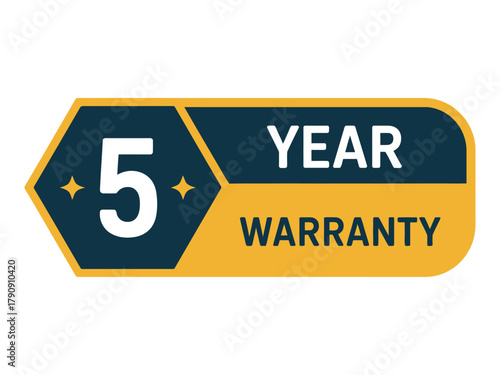A stylized graphic emblem displays '5 YEAR WARRANTY' in bold white lettering against a dark blue and golden yellow background, symbolizing product assurance and customer trust.