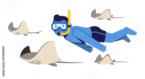 Diver Explores Marine Life with Stingrays in a Vast Dark Ocean Environment