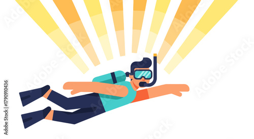 Diver Explores The Depths Illuminated By Sunlight Rays With Snorkel Gear