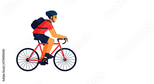 Cyclist With Backpack Rides Bicycle Against Black Backdrop, Vector Illustration