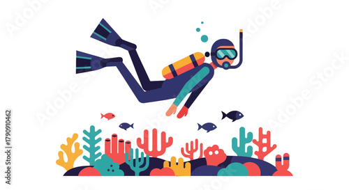 Diver Explores The Colorful Underwater World With Coral Reefs And Marine Life