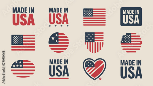 Collection of made in usa labels and emblems featuring american flags in various shapes and styles silhouette