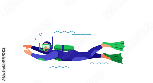 Diver Explores The Depths Of The Ocean Underwater In Colorful Minimalist Style