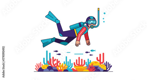 Diver Explores The Underwater Realm With Colorful Coral Reef And Marine Life Illustration