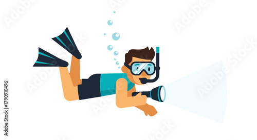 Diver Explores Underwater Depths with a Powerful Illuminating Device in the Dark Abyss