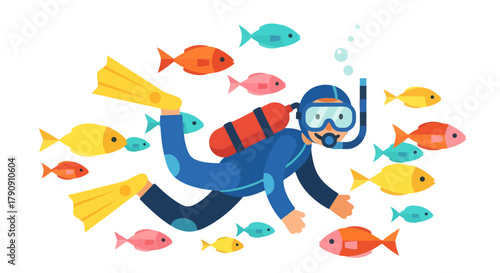 Diver Explores Underwater World Surrounded By A Variety Of Colourful Swimming Fishes Scene