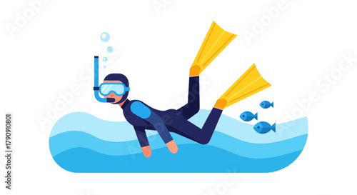 Diver Explores Underwater World With Flappers and Mask in Blue Aquatic Scene