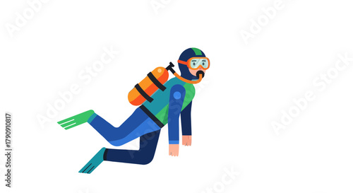 Diver Explores Underwater World With Oxygen Tank And Fins, Vector Graphic Illustration