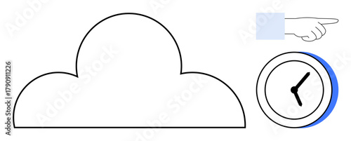 Cloud icon paired with a clock and pointing hand, conveying technology, time management, and action guidance. Ideal for data storage, productivity, deadlines, decision-making, efficiency
