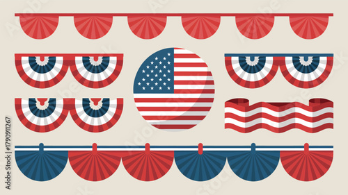 Collection of patriotic american flag themed bunting and garland decorations in a charming silhouette style for celebrations