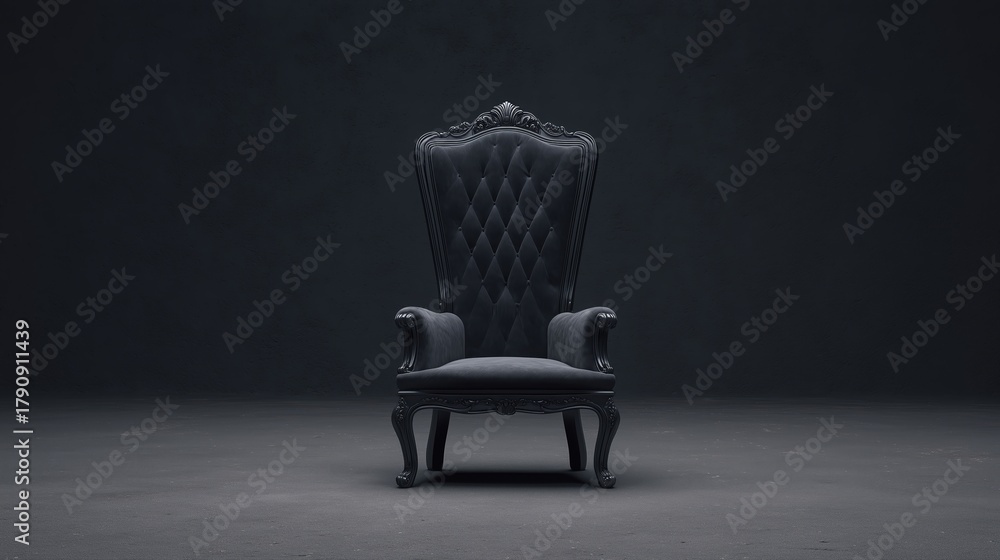 Fototapeta premium Regal throne setting, Elegant velvet chair in shadows, Luxurious carved seat with subtle lighting and mood, Magnificent throne scene featuring rich velvet seat and mysterious ambiance