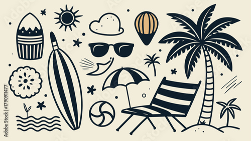 sunny beach scene showcasing blue waves, white sand, palm trees, and several surfboards arranged near the water's edge..eps