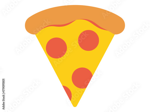 A triangular slice of pepperoni pizza with a golden crust and melted cheese is presented against a plain white background, showcasing its iconic toppings.