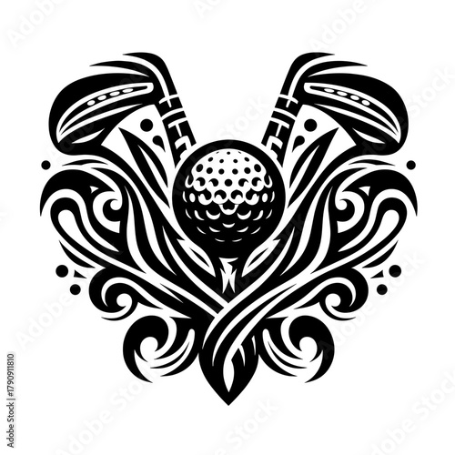 Tribal golf emblem with crossed clubs and a ball. Stylized vector illustration in a black and white tattoo style. Sports logo symbol for a team or club
