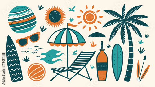 vibrant beach scene featuring blue skies, white sand, palm trees, and colorful surfboards lined up along the shore..eps